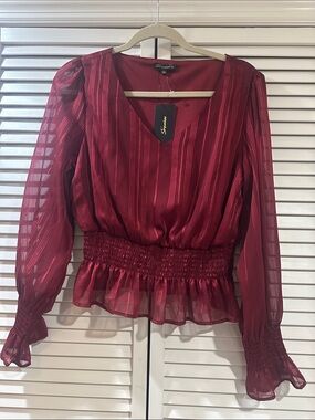 Shinestar Burgundy Sheer Stripe V-Neck Smocked Peplum Blouse